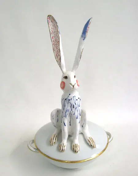 Marijke Janssen, Raindrops, 595 euro, Ceramic on vintage dish, 47x30x30 cm