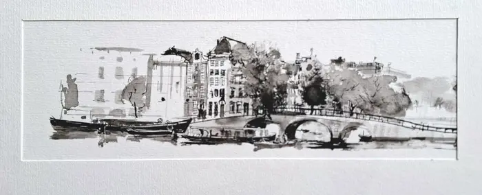 Natalia Dik, Amstel/Prinsengracht, 285 euro, Mixed media on paper in black picture frame, 10x30 (in frame, 28x35 cm)