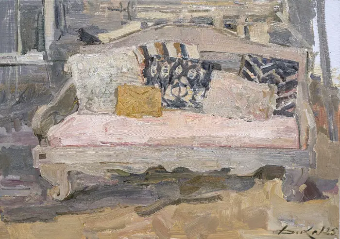 Natalia Dik, Bank op het zand, 1650 euro, Oil on canvas in wooden frame, 60x70 cm