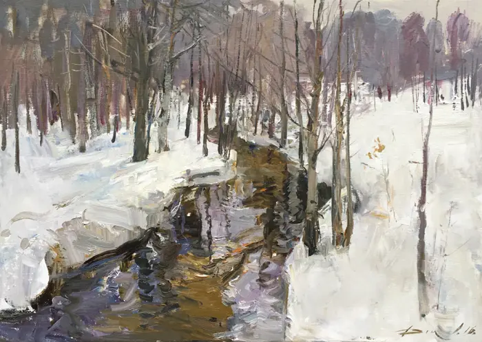 Natalia Dik, Bosriviertje in de sneeuw, Oil on canvas, 50x70 cm, €.1700,-