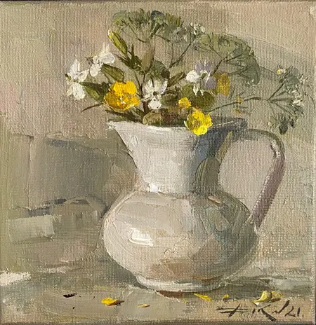 Natalia Dik, Boterbloemen, 20x20 cm, 450,-, Oil on canvas in wooden frame
