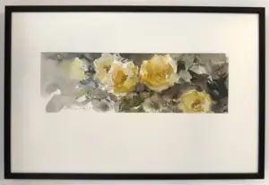 Natalia Dik, Gele Rozen, 285 euro, Mixed media on paper in black picture frame, 10x30 (in frame, 28x35 cm)