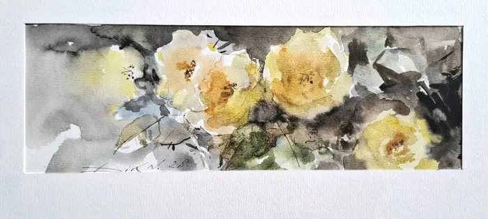 Natalia Dik, Gele Rozen, 285 euro, Mixed media on paper in black picture frame, 10x30 (in frame, 28x35 cm)