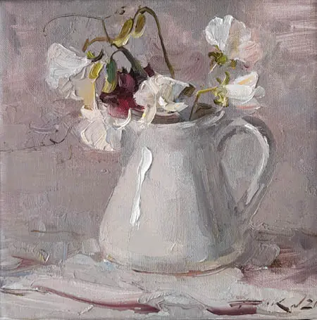 Natalia Dik, Lathyrus, 450 euro, Oil on canvas in light wooden frame, 20x20 cm