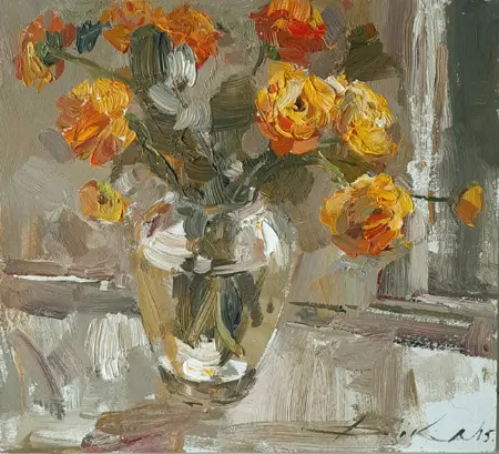 Natalia Dik, Oranje Ranonkels, Oil on panel (unframed), 24x26 cm, 550,-