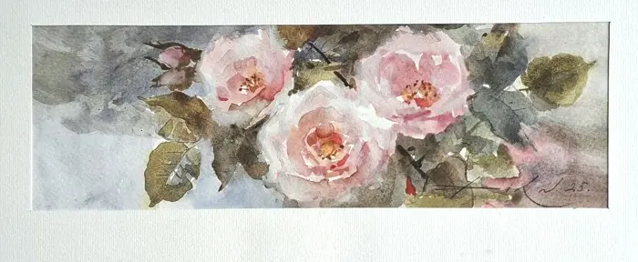 Natalia Dik, Roze Rozen, 285 euro, Mixed media on paper in black picture frame, 10x30 (in frame, 28x35 cm)