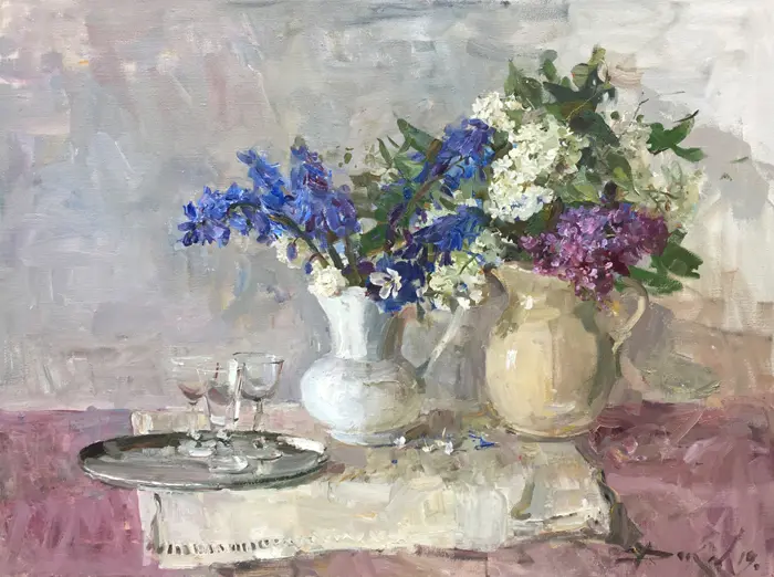 Natalia Dik, Stilleven met 3 borrelglaasjes, Oil on canvas in wooden frame, 60x80 cm, €.1680,-