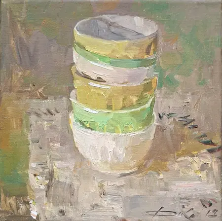 Natalia Dik, Stilleven met kommen, 450 euro, Oil on canvas in wooden frame, 20x20 cm