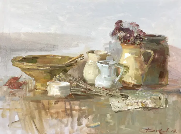 Natalia Dik, Stilleven met oker gele schaal, Oil on canvas, 65x80 cm, €.1680,-