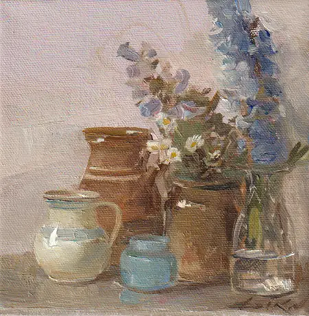 Natalja Dik, Stilleven met pot en vaas, Oil on canvas in frame, 15x15 cm, 350,-
