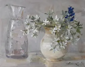 Natalja Dik, Stilleven met voorjaarsbloemen, Oil on canvas in frame, 24x30 cm, 620,-
