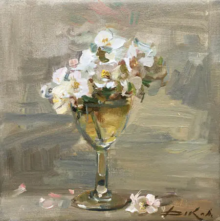 Natalia Dik, Takje witte geraniums in glas, Oil on canvas in wooden frame, 20x20 cm, €.450,-