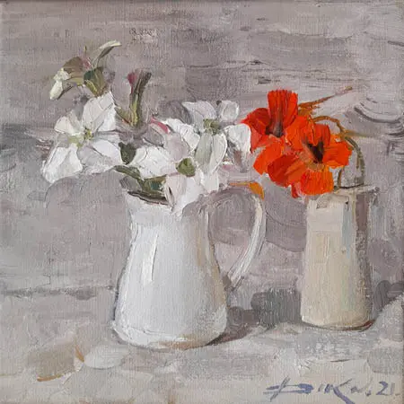 Natalia Dik, Wit met Oranje bloemen, 450 euro, Oil on canvas in light wooden frame, 20x20 cm