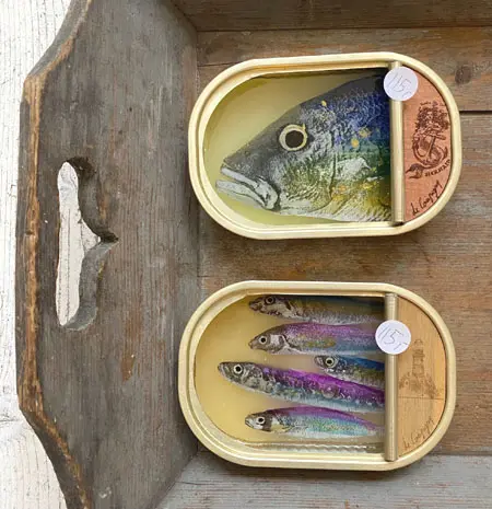 Ortaire de Coupigny, 115 euro, Vissen in blik, Mixed media in fish tin