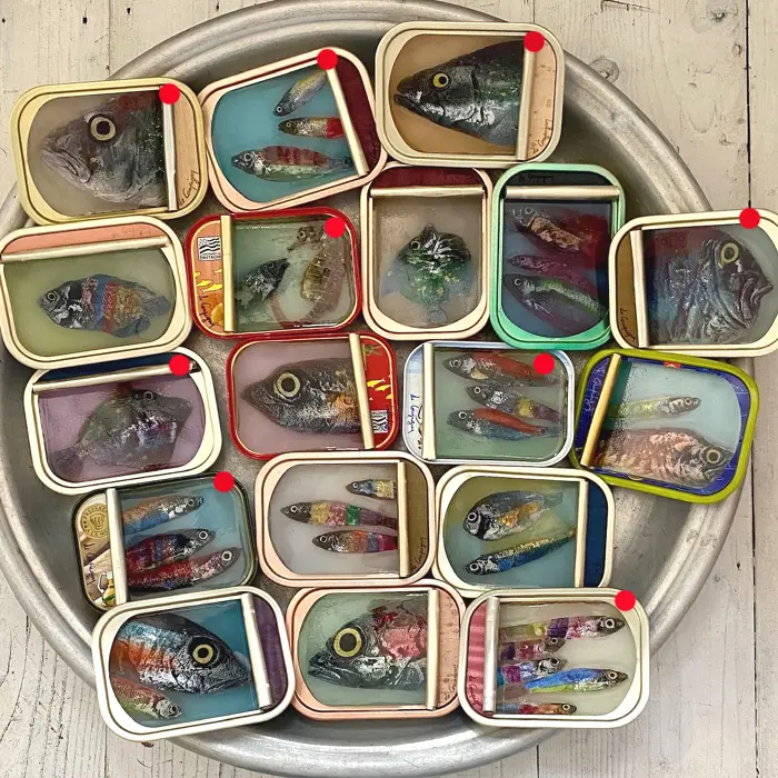 Ortaire de Coupigny, Fish tins, 145 euro, Mixed media in fish tin, 8x11x3 cm