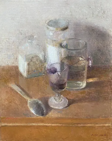 Pere Mon Tallant, Glass & spoon orange, Oil on canvas in wooden frame, 41x33 cm, €.550,-