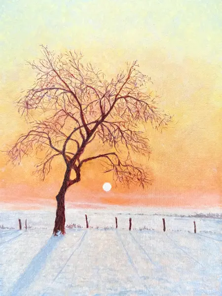 Rada Ovcharova, Winter landscape, 325 euro, Acrylic and mixed media on canvas in natural wooden frame, 24x18 cm