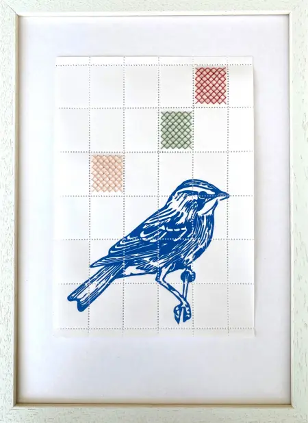 Renee Toonen, Blue Bird, 135 euro, Print on stamp paper with cross-stitch in whitewashed wooden frame, A5
