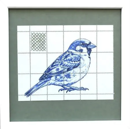 Renee Toonen, Delftsblauw musje, 99 euro, Print on stamp sheet with cross-stitches in white frame, 20x20 cm