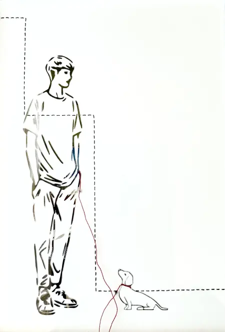 Renee Toonen, Jongen met teckel, 225 euro, Paper cutting with perforated glass and embroidery in whitewashed frame, A4