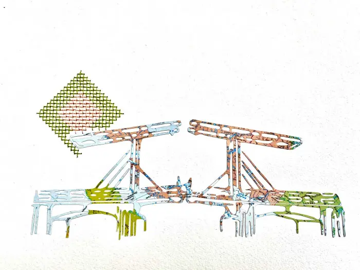 Renee Toonen, Magere Brug 1, 135 euro, Mixed media with map and cross-stitches in frame, 30x20 cm