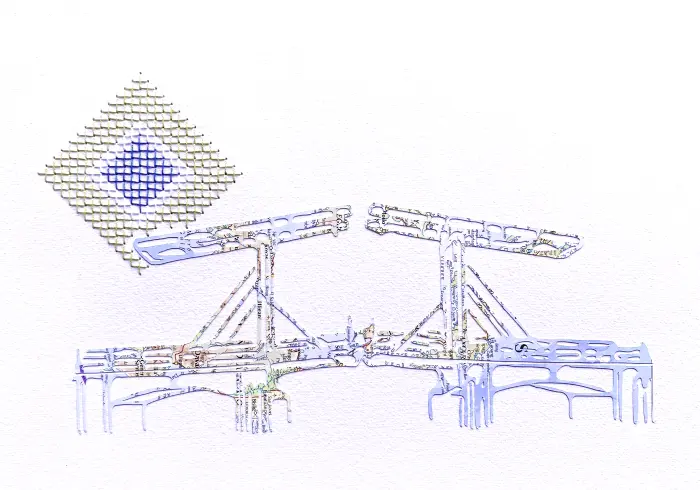 Renee Toonen, Magere Brug 3, 135 euro, Mixed media with map and cross-stitches in frame, A4