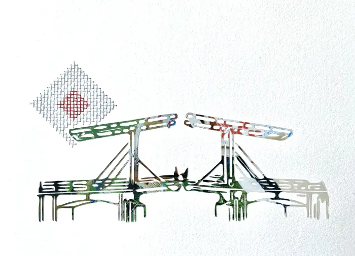 Renee Toonen, Magere Brug, 135 euro, Mixed media with cross-stitches in white frame, A4