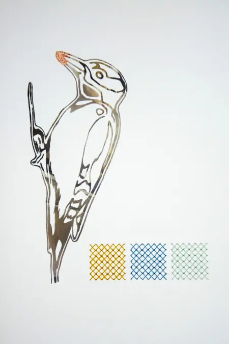 Renee Toonen, Specht, 195 euro, Paper cutting with embroidery and perforated glass in wooden frame, A4