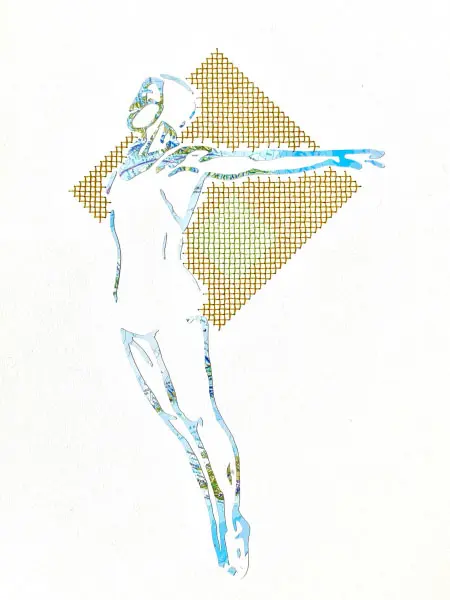 Renee Toonen, Zwemster 1, 200 euro, Mixed media with map and cross-stitches in frame, 40x30 cm