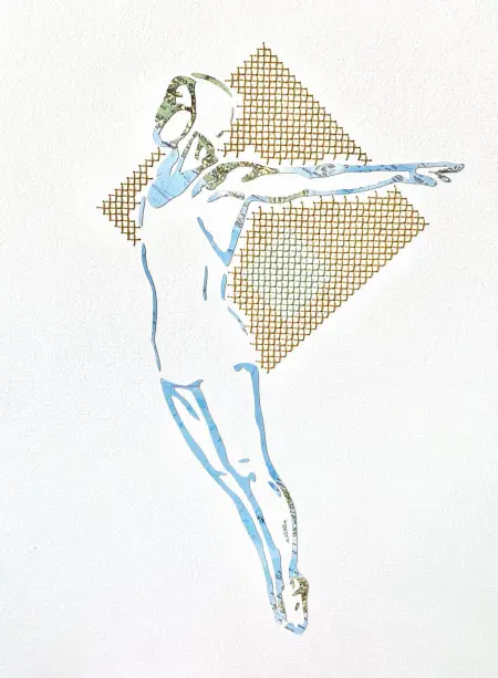 Renee Toonen, Zwemster 2, 200 euro, Mixed media with map and cross-stitches in frame, 40x30 cm