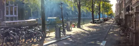Richard van Mensvoort, Aan de gracht, Oil on canvas in wooden frame, 40x120 cm, €.2950,-