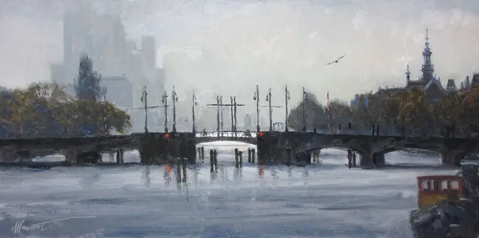 Richard van Mensvoort, Amstel in de mist, Oil on canvas, 30x60 cm in wooden frame, €.1450,-