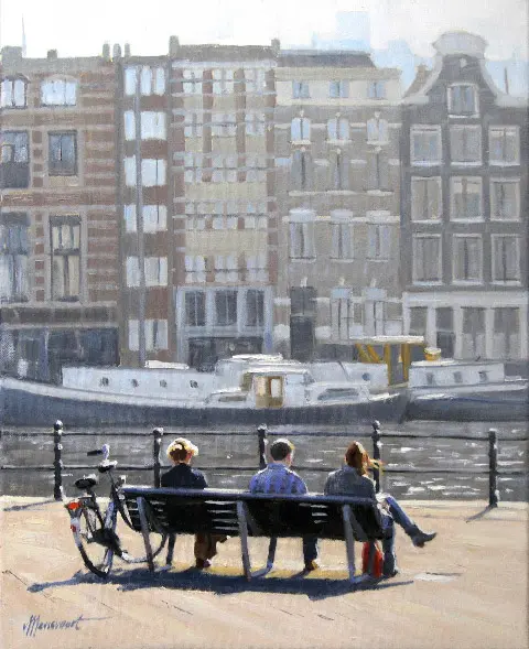 Richard van Mensvoort, Bankje aan de gracht, Oil on canvas in wooden frame, 50x40 cm, €.1450,-
