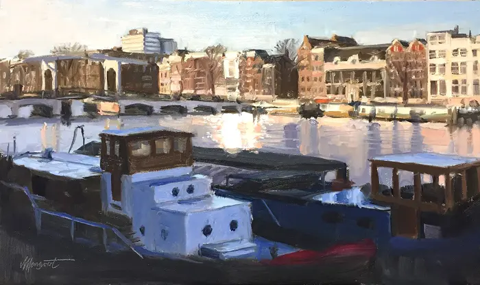 Richard van Mensvoort, Boten aan de Amstel, Oil on canvas in wooden frame, 30x50 cm, €.1250,-