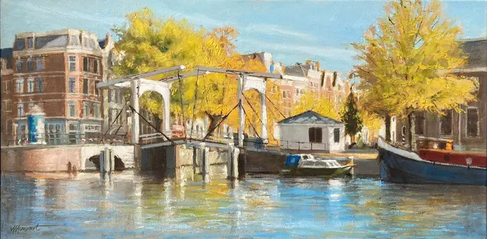 Richard van Menvoort, Brug over Nieuwe Herengracht/Amstel, Oil on canvas in wooden frame, 40x80 cm