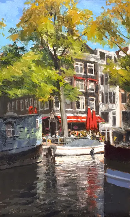 Richard van Mensvoort, Café Marcella, Oil on canvas in wooden frame, 50x30 cm, €.1250,-