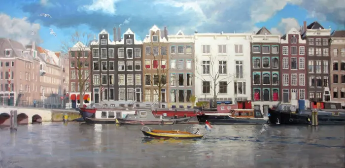 Richard van Mensvoort, Hollands Licht aan de Amstel, Oil on canvas, 70x140 cm, €.3500,-