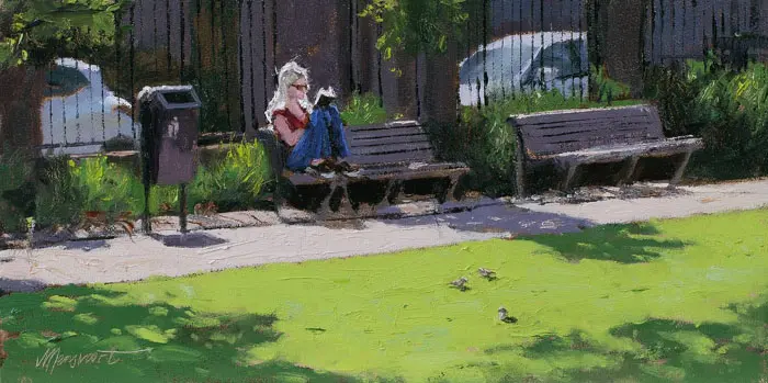 Richard van Mensvoort, In het (Ooster)Park reading, 880 euro, Oil on canvas in wooden frame, 20x40 cm