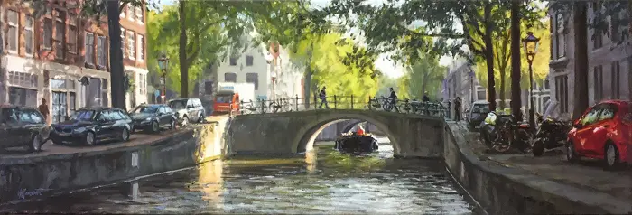 Richard van Mensvoort, Leliegracht, Oil on canvas in wooden frame, 40x120 cm, €.2950,-