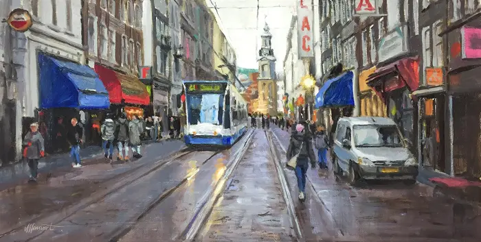 Richard van Mensvoort, Regulierbreestraat, Oil on canvas in wooden frame, 30x60 cm, €.1450,-