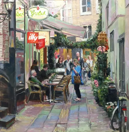 Richard van Mensvoort, Terras De Rozenboom, Oil on panel, 60x60 cm, €.1950,-