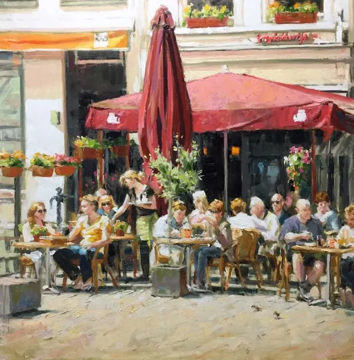 Richard van Mensvoort, Terras 't opkikkertje, Oil on panel, 60x60 cm, €.1950,-
