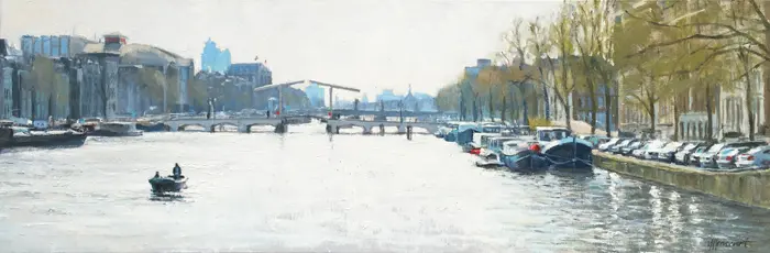 Richard van Mensvoort, Utrechtsestraat 1, Oil on canvas in brown wooden frame, 40x120 cm, €.2750,-