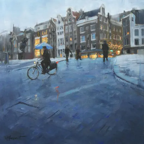 Richard van Mensvoort, Winteravond Amsterdam 2 torensluis-singel, Oil on canvas, 50x50 cm, €.1750,-