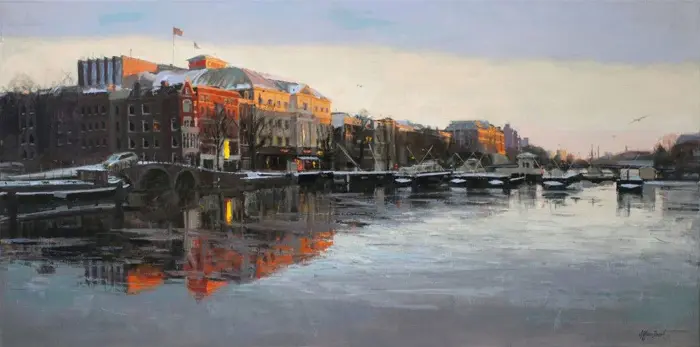 Richard van Mensvoort, Wintermiddag aan de Amstel, 4450 euro, Oil on canvas in wooden frame, 70x140 cm