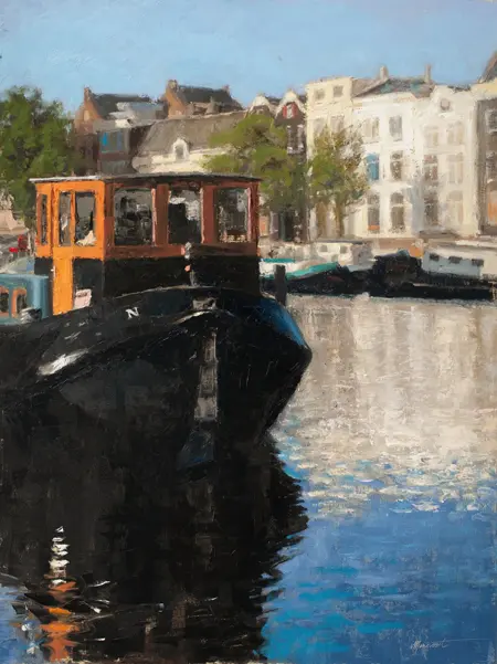 Richard van Mensvoort, Woonschip Amsterdam, 2750 euro, Oil on panel in black frame, 80x60 cm