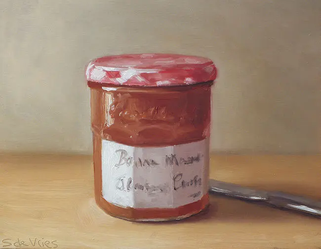 Serge de Vries, Abrokozen Confiture, Oil on panel, 14x18 cm, €.195,-