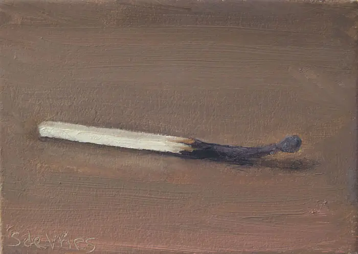 Serge de Vries, Afgebrande lucifer, 100 euro, Oil on panel, unframed, 7x5,5 cm