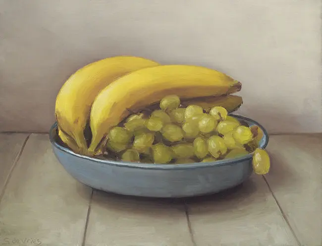 Serge de Vries, Bananen en druiven, Oil on panel, 18x23 cm, €.245,-