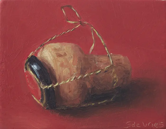 Serge de Vries, Champagnekurk, 100 euro, Oil on panel, unframed, 7x5,5 cm